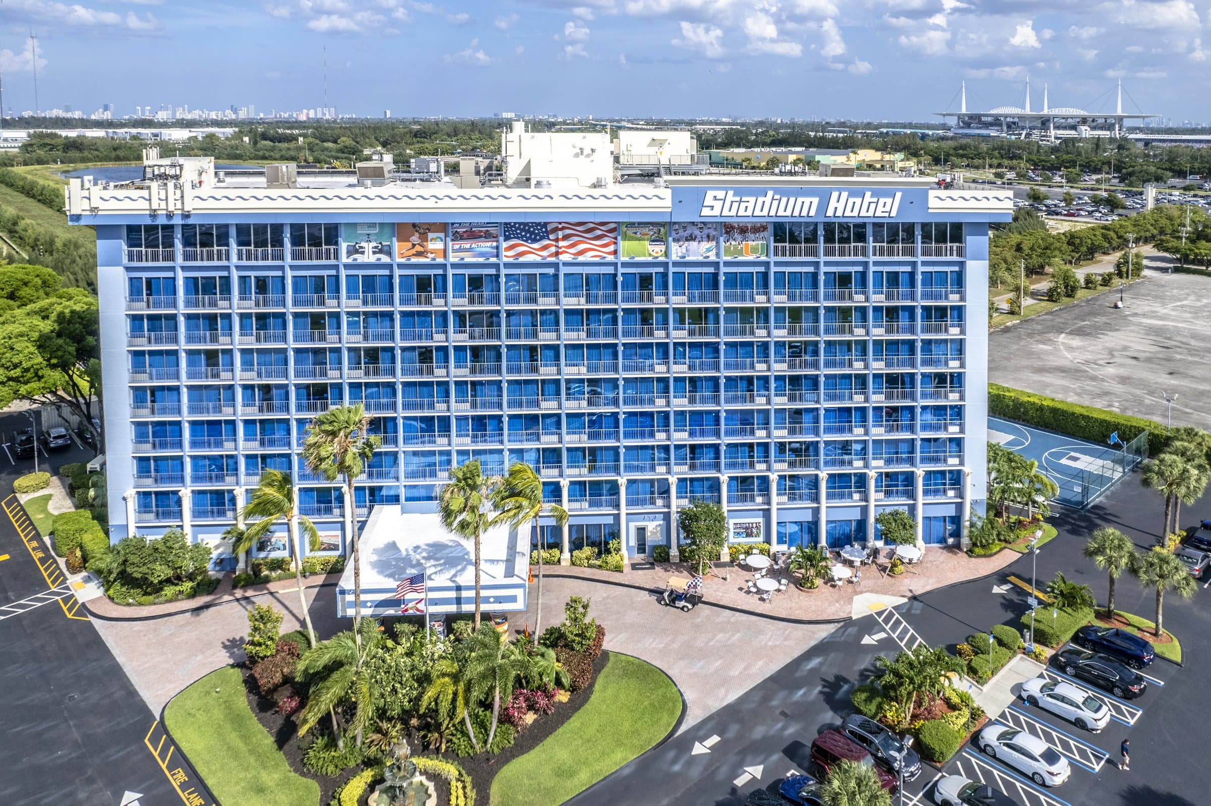 Aerial view over Miami Gardens toward the hotel